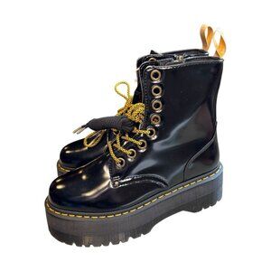 Dr. Martens Shiny Black Platform Boots with Yellow Accents